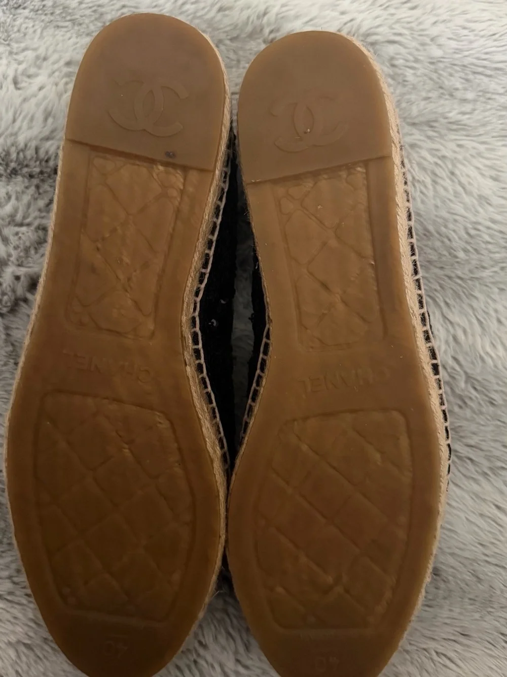 CHANEL Black Sequin Logo Espadrille Flats